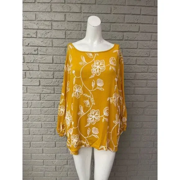 Sapphire Textured Embroidered Floral Long Sleeve Gauze Blouse Size 2X - Picture 1 of 9